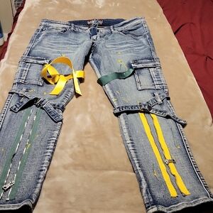 Unique Denim Cargo Pants with Colorful Accents